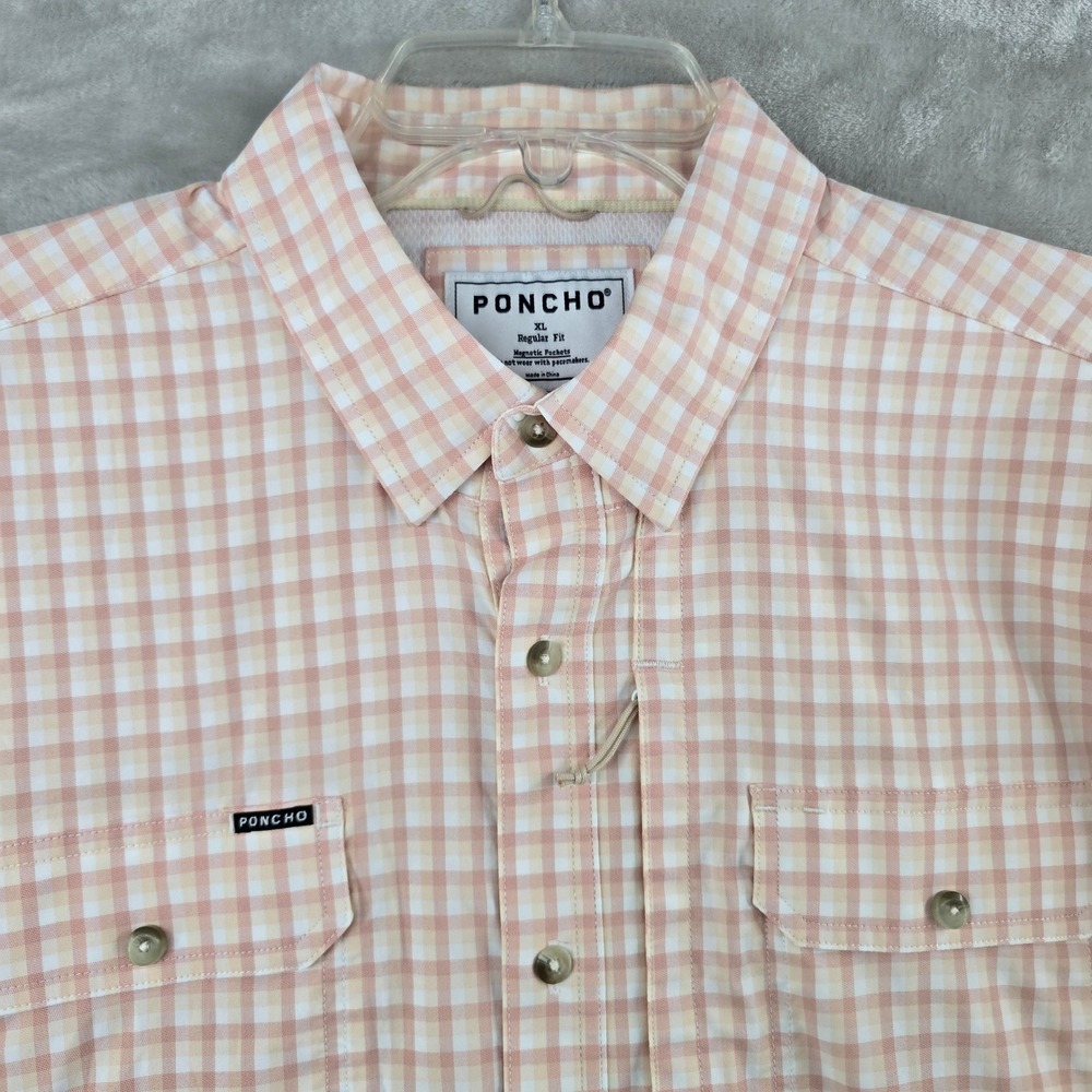 Poncho Shirt Mens XL Orange White Gingham Plaid Magnetic Pockets Short Sleeve